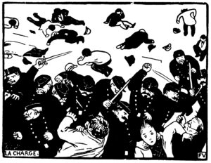 Gravure en noir et blanc de Félix Valloton, qui montre une charge de policiers frappant des manifestants