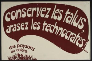 Affiche de l'association Terroir breton (années 1970) qui dit "Conservez les talus, arasez les technocrates"