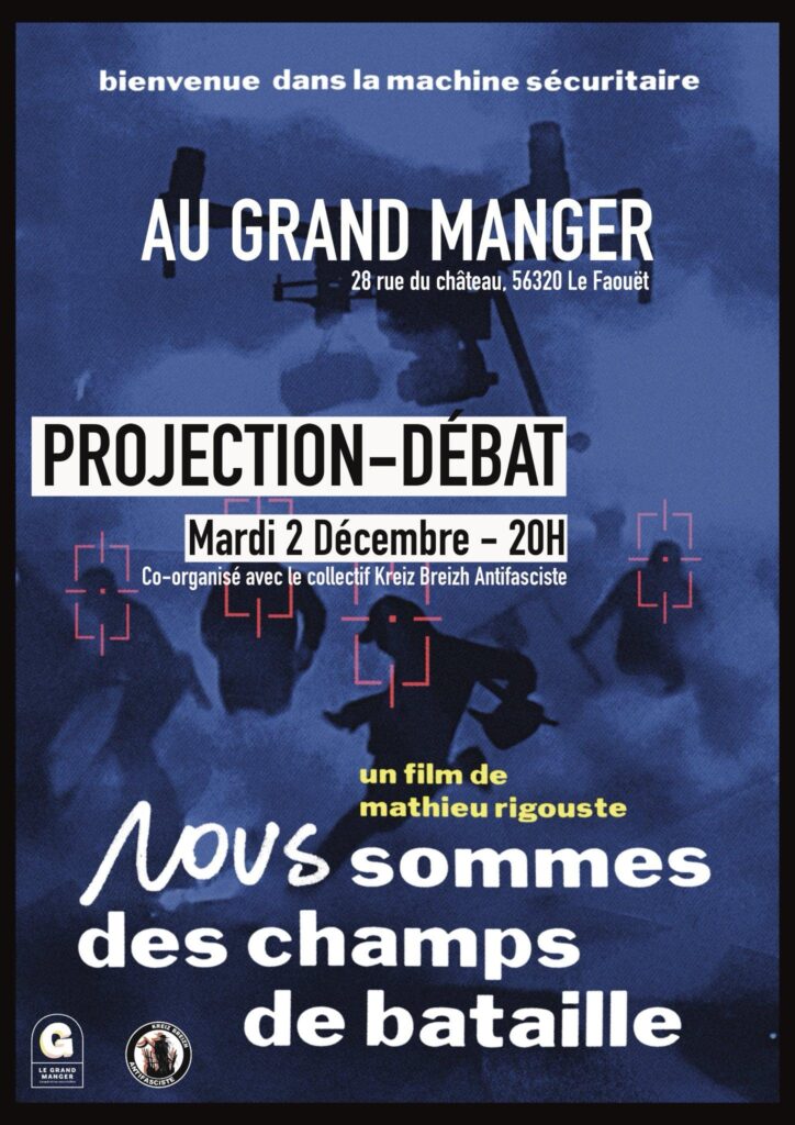Affiche annonçant la projection-débat "Nous des champs de bataille" de Mathieu Rigouste, au Grand Manger (le Faouët, 56)